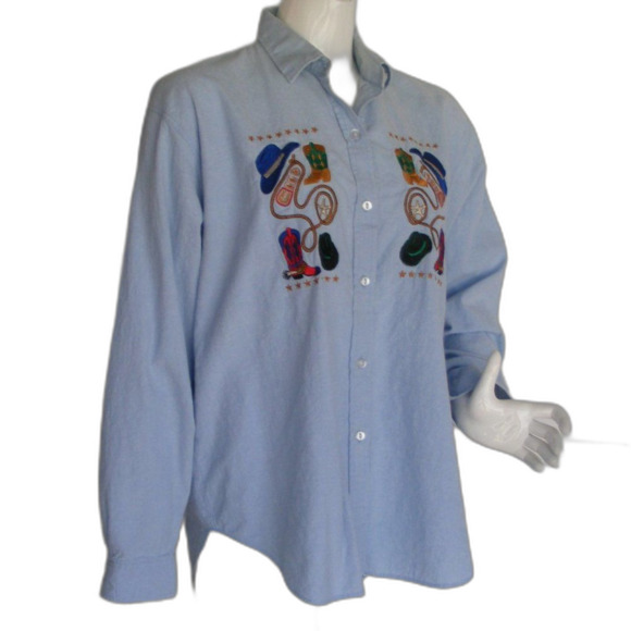 Chambray Top, L, Blue, Western Embroidery/Boots & Hats, Long sleeves, Buttons - Picture 3 of 14